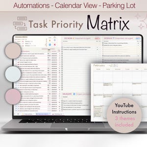 May include: A laptop computer displaying a task priority matrix and a calendar view. The matrix is divided into four quadrants: Do Now, Schedule, Delegate, and Parking Lot. The calendar view shows the month of February. The image includes the text "Task Priority Matrix" and "YouTube Instructions 3 themes included".