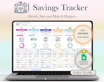 May include: A laptop computer displaying a Google Sheets spreadsheet with a savings tracker. The spreadsheet has multiple columns with headings like "Savings Goal", "Goal Amount", "Start Date", and "End Date". The spreadsheet also includes progress bars for each savings goal. The spreadsheet is titled "My Savings Goals". The laptop is on a pink and yellow background. The text "INCL. SAVINGS CHALLENGES" is in a yellow circle on the right side of the screen. The text "GOOGLE SHEETS" is in a green circle on the bottom right of the screen. The text "EASY TO USE" is below the green circle.