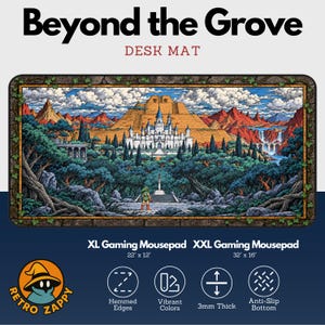May include: A rectangular desk mat titled Beyond the Grove featuring a detailed fantasy landscape with a central castle, a large pyramid, and a figure holding a sword. The mat is 3mm thick with hemming, available in 22 x 12 inches or 32 x 16 inches.