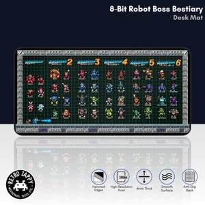 以下が含まれることがあります： メガマンのビデオゲームシリーズの8ビットロボットキャラクターのグリッドが描かれた白黒のデスクマット。マットは300dpi印刷、厚さ4mm、滑らかな表面、滑り止め裏地です。