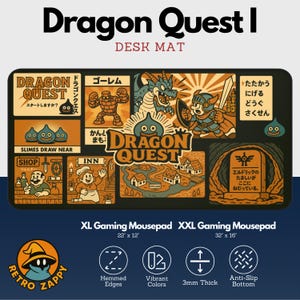 May include: A Dragon Quest I themed desk mat with a retro pixelated design. The mat features a map, characters, and monsters from the game. It is 22 inches by 12 inches and has a 3mm thick, anti-slip bottom.