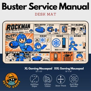 May include: A rectangular desk mat featuring a Rockman Robot Master Service Manual graphic. The design includes technical diagrams, blue Mega Man character illustrations, and Japanese text. Below the mat, text indicates XL Gaming Mousepad 22 inches by 12 inches and XXL Gaming Mousepad 32 inches by 16 inches, with icons for hemmed edges, vibrant colors, 3mm thickness, and an anti-slip bottom.