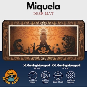 May include: A rectangular desk mat with the text "Miquela DESK MAT" at the top. The mat features an illustration with a central figure and other silhouettes. The mat is available in XL (22" x 12") and XXL (32" x 16") sizes. It has hemmed edges, vibrant colors, and a 3mm thick anti-slip bottom.
