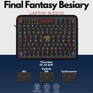 Puede incluir: Una funda para portátil negra con un diseño pixelado de monstruos de la serie de videojuegos Final Fantasy. La funda está disponible en tres tamaños: 30,5 cm, 33 cm y 38 cm. La funda está hecha de poliéster y tiene acolchado de espuma.