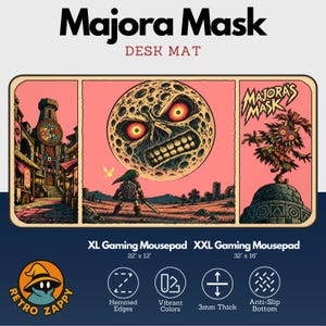 May include: A rectangular desk mat featuring a three-panel illustration with a pink background. The panels depict a clock tower, a character facing a moon with a face, and a creature standing on a stone structure with the text Majora's Mask.