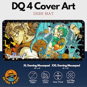 May include: Desk mat featuring "DQ 4 Cover Art" with a vibrant illustration of characters and a dragon. The mat is available in XL and XXL sizes, with dimensions of 22 x 12 inches and 32 x 16 inches, respectively. It has hemmed edges, vibrant colors, and a 3mm thick anti-slip bottom.