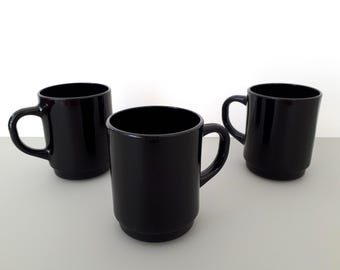 MarilynsVintageNL - IKEA ブラックガラスマグカップ コーヒーまたはティーカップ 3個セット - # 18314 フランス製