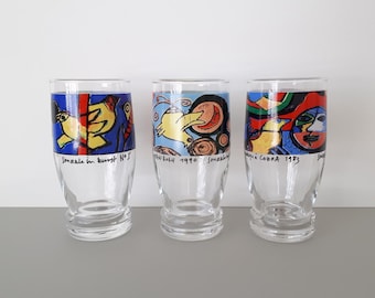 MarilynsVintageNL- CORNEILLE Set of 3 Different Long Drink Glasses, Highball Tumblers with Colorful Cobra Art Work- Made in Holland 1990s