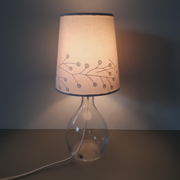 MarilynsVintageNL- IKEA BRAN Clear Glass Table Lamp Base with Textile Embroidered White Shade - Ikea Model B1011- 1990s - EU Plug