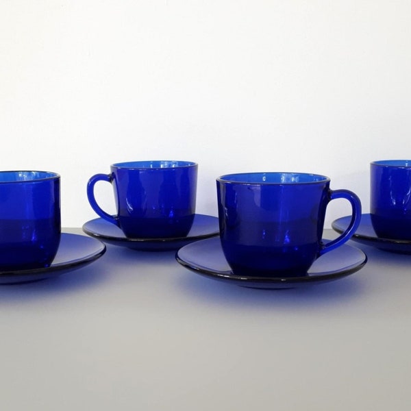 MarilynsVintageNL- Set of 4 VERECO FRANCE Cobalt Blue Tea Cups with Saucers - Made in France 1980