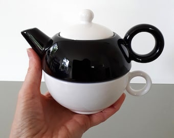 MarilynsVintageNL – Small Black and White Tea For One Teapot Set – Ceramic Thun Style (350ml)
