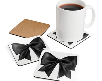 Classic Black Bow Tie High Gloss Black White Preppy Coaster Set