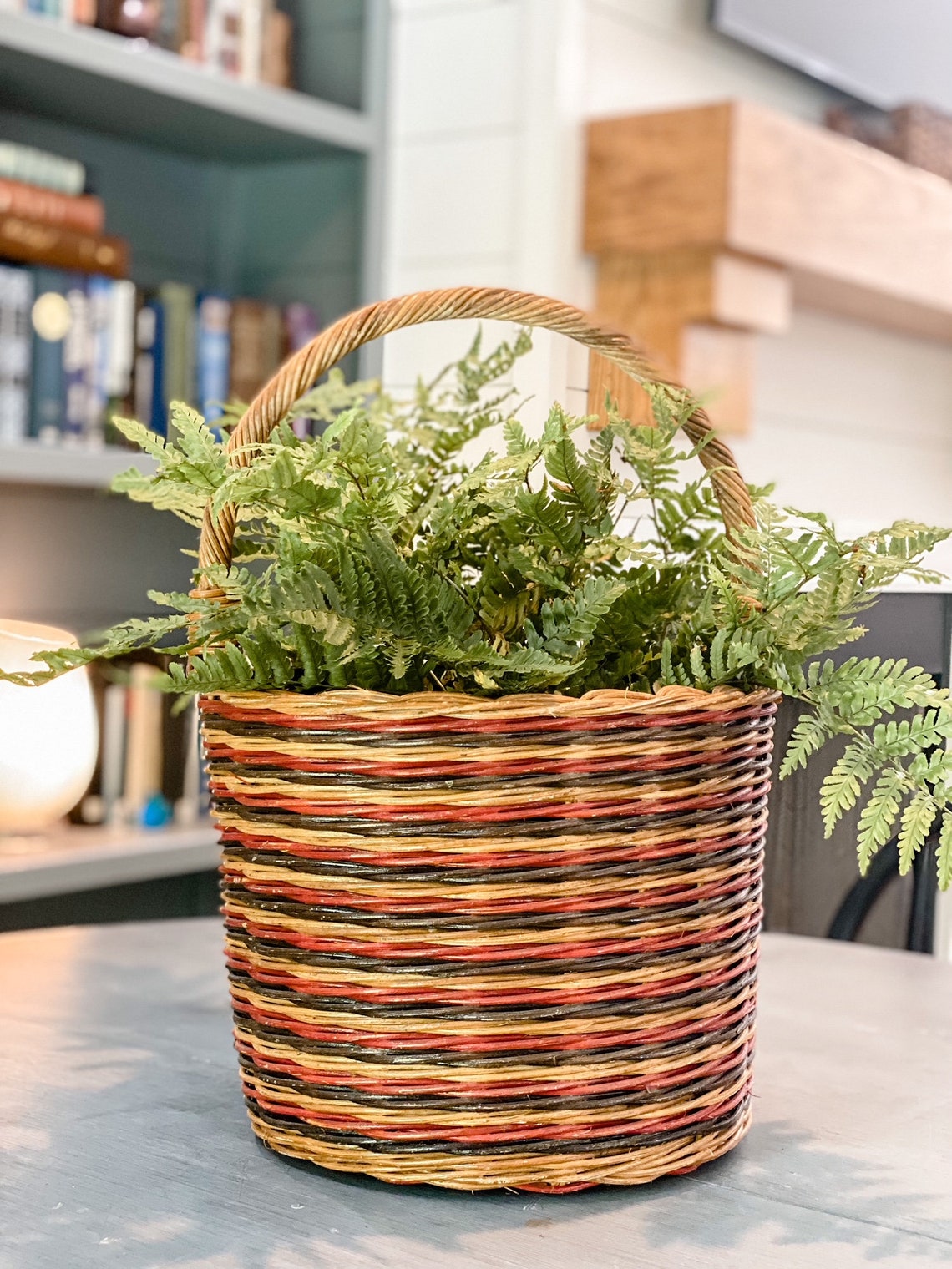 Vintage Handwoven Tricolor Basket / Cottagecore Basket / Tall Etsy