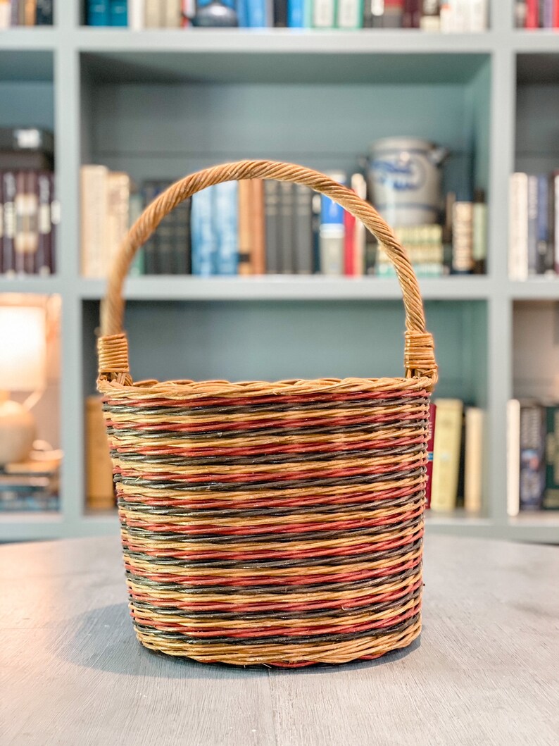 Vintage Handwoven Tricolor Basket / Cottagecore Basket / Tall Etsy