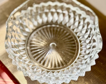 Diamond Cut Pressed Glass Candy Dish: Mid-Century Trinket Bowl (5.5 inch wide)