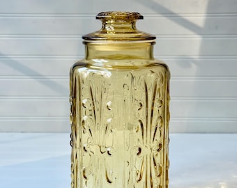 Vintage Amber Glass Canister Jar with Lid – Pressed Glass Storage Jar, 1970s Kitchen Decor, Boho Amber Container