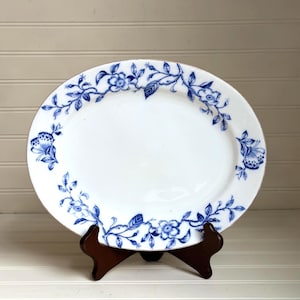 Antique Blue & White Transferware Platter – Butterfly Floral Border – English Serving Plate c.1900 (12.75&quot; x 10&quot;)