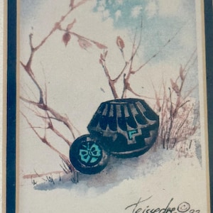 May include: Watercolor painting of two dark blue, geometric-patterned vessels, one round and one cylindrical, set against a snowy landscape with bare branches. The painting is signed "Teissedre ©oo".