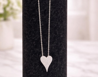 CZ Pave Heart Necklace, Angled Point, Sterling Silver
