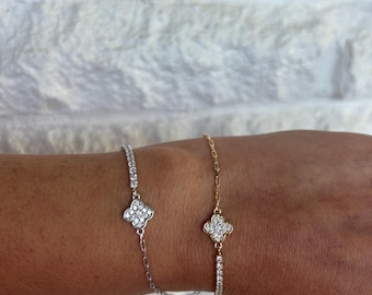 Cubic Zirconia Clover Bracelet: Sterling Silver, Dainty Lucky Charm