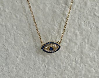 Blue evil eye dainty necklace, protection necklace, sterling silver 925 necklace, Turkish eye, lucky evil eye, sapphire with cz stone