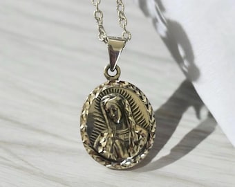 Sterling Silver Virgin Mary Necklace, .925 Silver Our Lady of Guadalupe Pendant, Religious Jewelry Gift, Miraculous Medal, Catholic