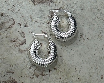Sterling Silver Textured Puff Hoop Earrings – Lightweight Everyday Jewelry