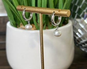 Sterling Silver Pearl Drop Huggie Earrings: 12mm Small Hoops