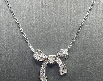 CZ Bow Sterling Silver Necklace, Adjustable Coquette Jewelry