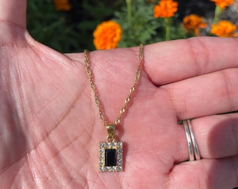 Black Stone Square Pendant Necklace: Gold Stainless Steel, Minimalist