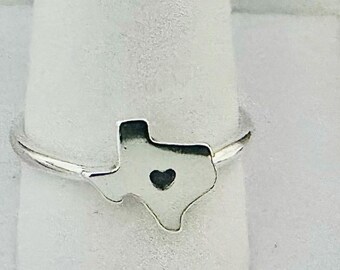 Sterling Silver heart Texas State Ring, Silver Texas State Ring, Map Jewelry, Cowboy, Lone Star State, stacking ring