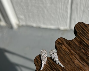 Sterling Silver Angel Wing Earrings, CZ Crystal Ear Studs, Dainty Wing Jewelry, Gift for Her