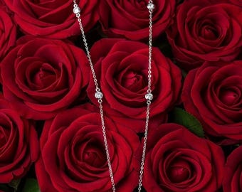 Sterling Silver Heart Necklace, Dainty Cable Chain, Bezel Cubic Zirconias (16-18 Inch)
