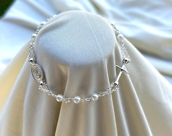 Sterling silver .925 4mm pearl Rosary Bracelet, Rosary Bead Bracelet. Religious Rosary Bracelet. First Communion Bracelet. Confirmation,