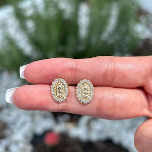 Virgen mary stud 14 kt earrings gold,cubic circonia studs, catholic jewelry, Mexican jewelry, religious gift, our lady of Guadalupe