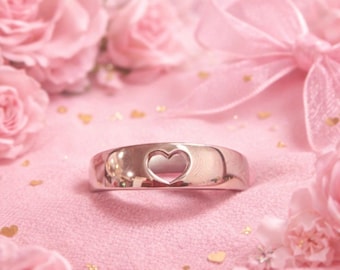 Sterling Silver Heart Cutout Ring, Minimalist Dainty Band, Everyday Jewelry