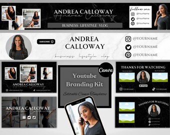 Kit de marca profesional para YouTube / Banner, intro y outro editables l Plantillas de Canva editables l Kit de marca profesional l Marca de lujo
