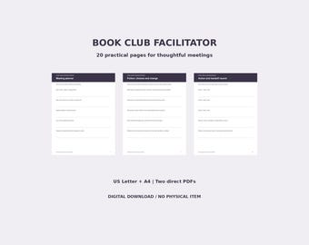 Book Club Facilitator Kit Printable PDF, Meeting Agendas, Fiction and Nonfiction Discussion Prompts, Host Planner, US Letter A4