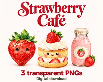 Strawberry Cafe Clipart: 3 Transparent PNGs (Digital Download)