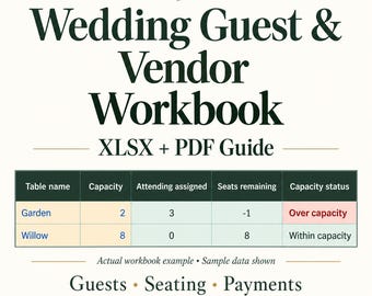 Wedding Guest List & Vendor Spreadsheet: RSVP, Seating and Payment Tracker (XLSX Digital Download)