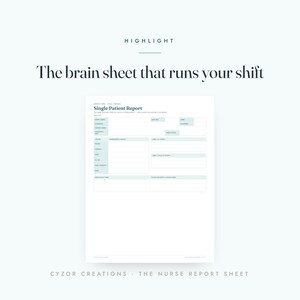 May include: A white paper document titled Single Patient Report with light blue headers and organized sections for medical data, including fields for patient information, assessments, and care plans, with the text The brain sheet that runs your shift.
