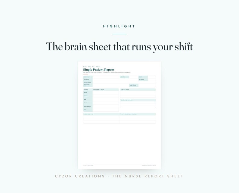 May include: A white paper document titled Single Patient Report with light blue headers and organized sections for medical data, including fields for patient information, assessments, and care plans, with the text The brain sheet that runs your shift.