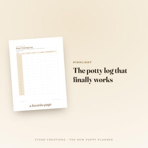 May include: A white paper sheet featuring a Potty Training Log with a tan column for dates and a grid for tracking. The text reads HIGHLIGHT The potty log that finally works, a favorite page, and at the bottom Cyzor Creations The New Puppy Planner.