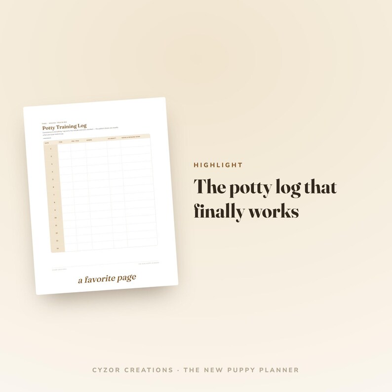 May include: A white paper sheet featuring a Potty Training Log with a tan column for dates and a grid for tracking. The text reads HIGHLIGHT The potty log that finally works, a favorite page, and at the bottom Cyzor Creations The New Puppy Planner.