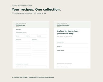 Printable Recipe Binder Pages, US Letter and A4 Recipe Organizer PDF, Blank Recipe Cards, Index and Continuation Sheets