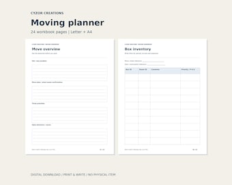 Moving Planner Printable PDF, Packing and Box Inventory, Address Update Tracker, Move Budget, US Letter and A4 Workbook