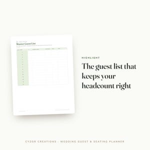 May include: A white page titled Master Guest List with a light green column for numbering and blank rows for names, addresses, and RSVP status. Text on the right reads: HIGHLIGHT The guest list that keeps your headcount right. Cyzor Creations.