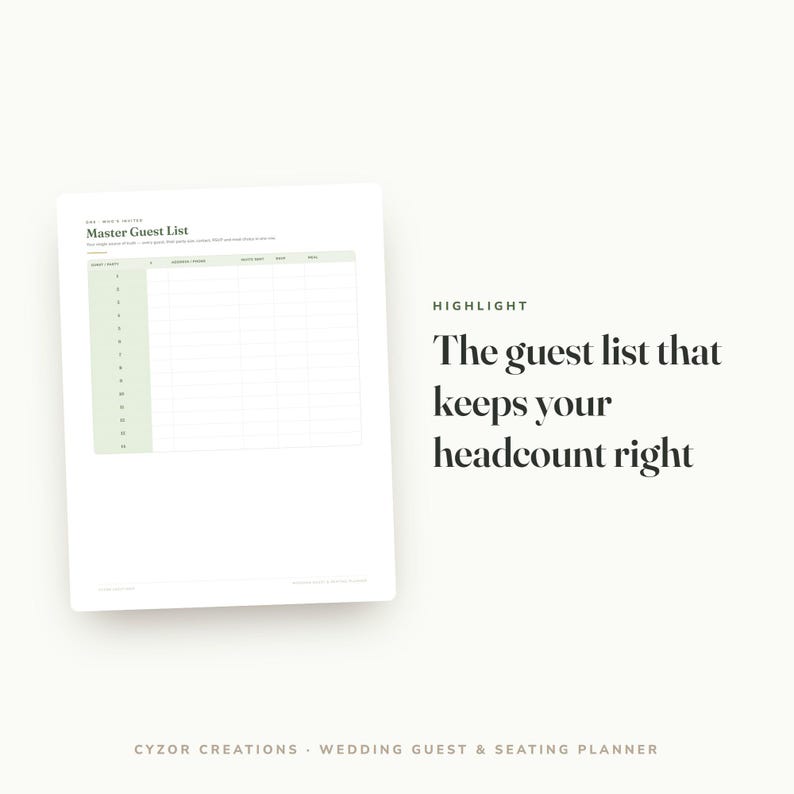 May include: A white page titled Master Guest List with a light green column for numbering and blank rows for names, addresses, and RSVP status. Text on the right reads: HIGHLIGHT The guest list that keeps your headcount right. Cyzor Creations.