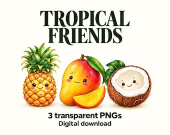 Tropical Fruit Clipart: 3 Transparent PNGs, Pineapple, Mango and Coconut