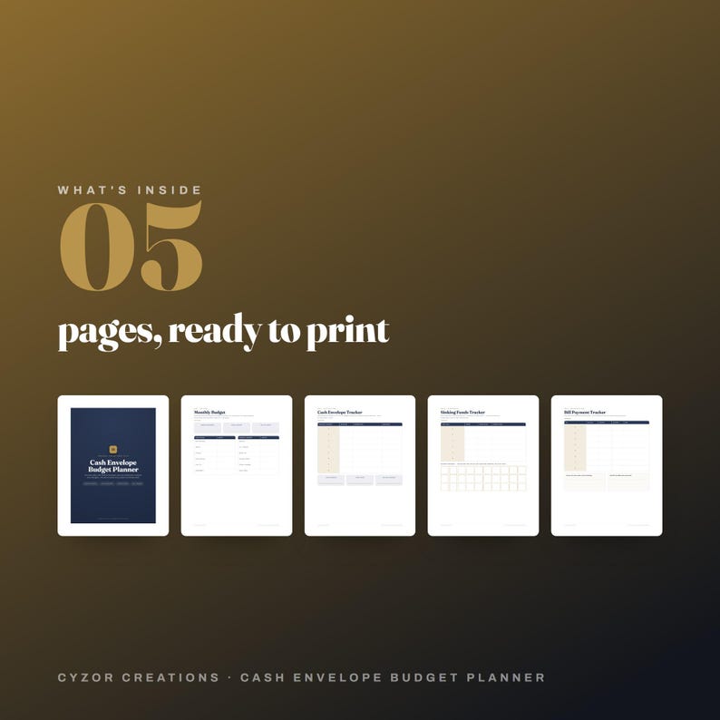 May include: A digital budget planner set featuring five printable pages with a dark gradient background. The text reads WHAT'S INSIDE 05 pages, ready to print, and CYZOR CREATIONS CASH ENVELOPE BUDGET PLANNER. The pages include trackers for cash, bills, and funds.